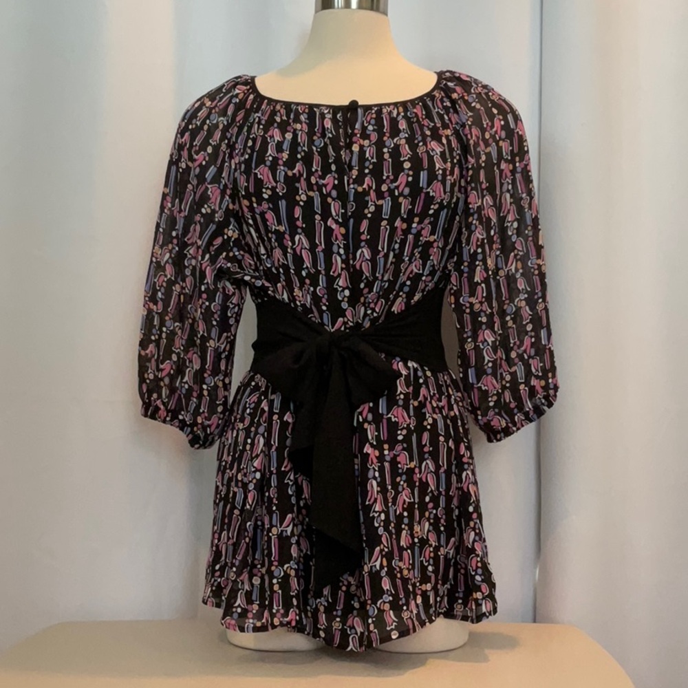 NWT Bob Mackie Wearable Art Black Blue Pink Chiffon Tie Waist Blouse Women Sz L